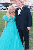 Load image into Gallery viewer, Sparkly Peacock Green A Line Corset Formal Dress with Beading