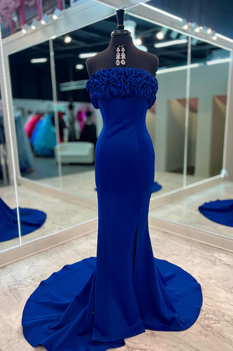 Royal Blue Mermaid Satin Formal Dress with Ruffles