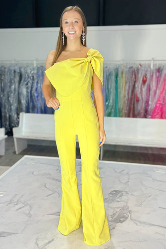Satin Yellow Formal Jumpsuit with Bow
