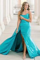 Load image into Gallery viewer, Sparkly Turquoise Mermaid Metallic Long Formal Dress with Slit