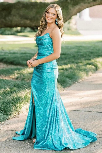 Sparkly Turquoise Mermaid Metallic Long Formal Dress with Slit