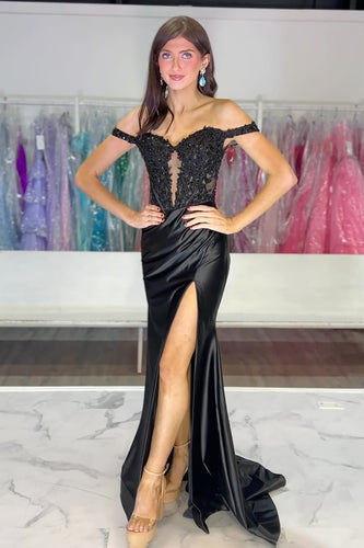 Corset Black Satin Mermaid Formal Dress with Appliques