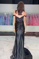 Load image into Gallery viewer, Corset Black Satin Mermaid Formal Dress with Appliques