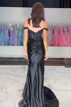 Corset Black Satin Mermaid Formal Dress with Appliques