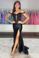 Load image into Gallery viewer, Corset Black Satin Mermaid Formal Dress with Appliques