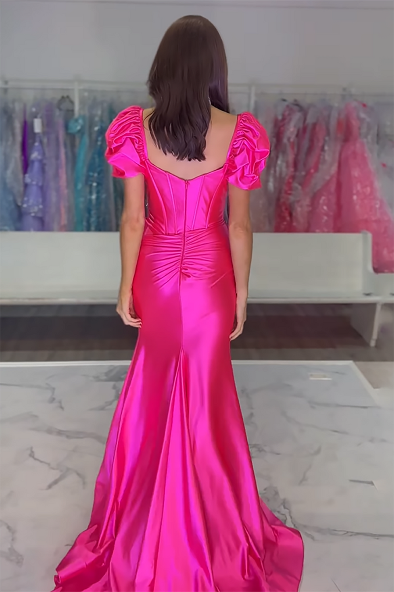 Load image into Gallery viewer, Fuchsia Corset Ruffled Satin Long Formal Dress with Slit