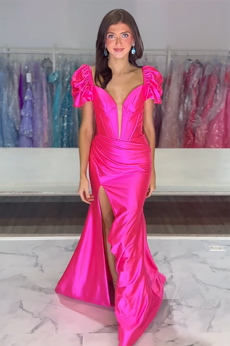 Load image into Gallery viewer, Fuchsia Corset Ruffled Satin Long Formal Dress with Slit