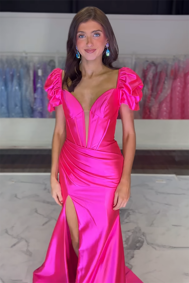 Load image into Gallery viewer, Fuchsia Corset Ruffled Satin Long Formal Dress with Slit