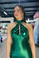 Load image into Gallery viewer, Sparkly Emerald Green Satin Sheath Formal Dress with Mirror