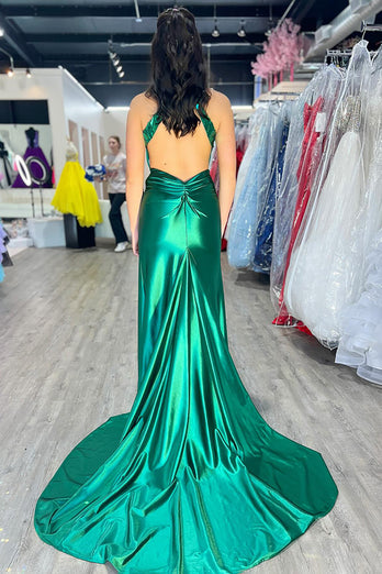 Sparkly Emerald Green Satin Sheath Formal Dress with Mirror