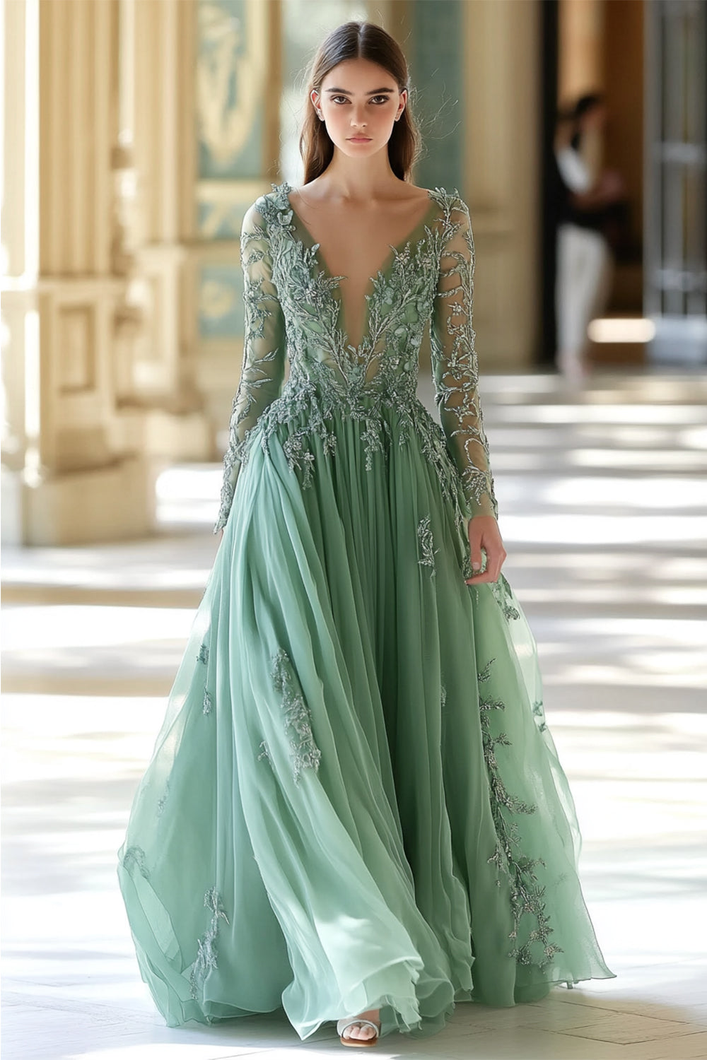 Sparkly Sage Floral V-Neck A-Line Long Formal Dress with Sleeves