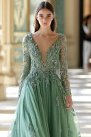 Load image into Gallery viewer, Sparkly Sage Floral V-Neck A-Line Long Formal Dress with Sleeves