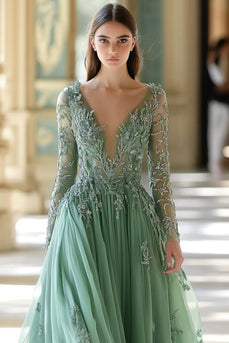Sparkly Sage Floral V-Neck A-Line Long Formal Dress with Sleeves