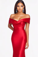 Load image into Gallery viewer, Red Satin Off the Shoulder Mermaid Long Formal Dress