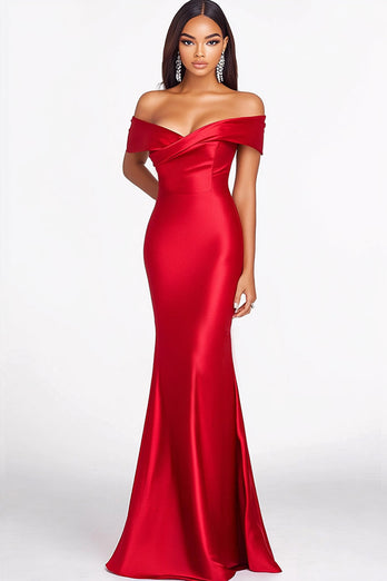 Red Satin Off the Shoulder Mermaid Long Formal Dress