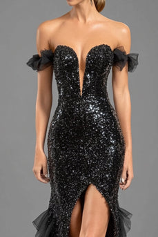 Sparkly Black Sequin Off The Shoulder Long Formal Dress with Slit
