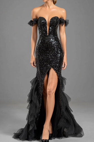 Sparkly Black Sequin Off The Shoulder Long Formal Dress with Slit