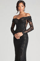 Load image into Gallery viewer, Black Mermaid Off The Shoulder Formal Dress with Sleeves