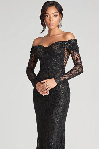 Black Mermaid Off The Shoulder Formal Dress with Sleeves