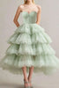 Load image into Gallery viewer, Sage Green Sweetheart Tulle Tiered Tea Length Long Formal Dress