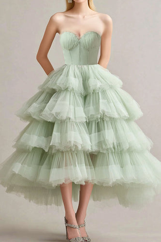 Sage Green Sweetheart Tulle Tiered Tea Length Long Formal Dress