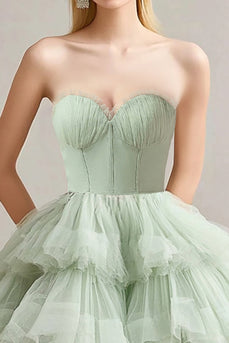 Sage Green Sweetheart Tulle Tiered Tea Length Long Formal Dress