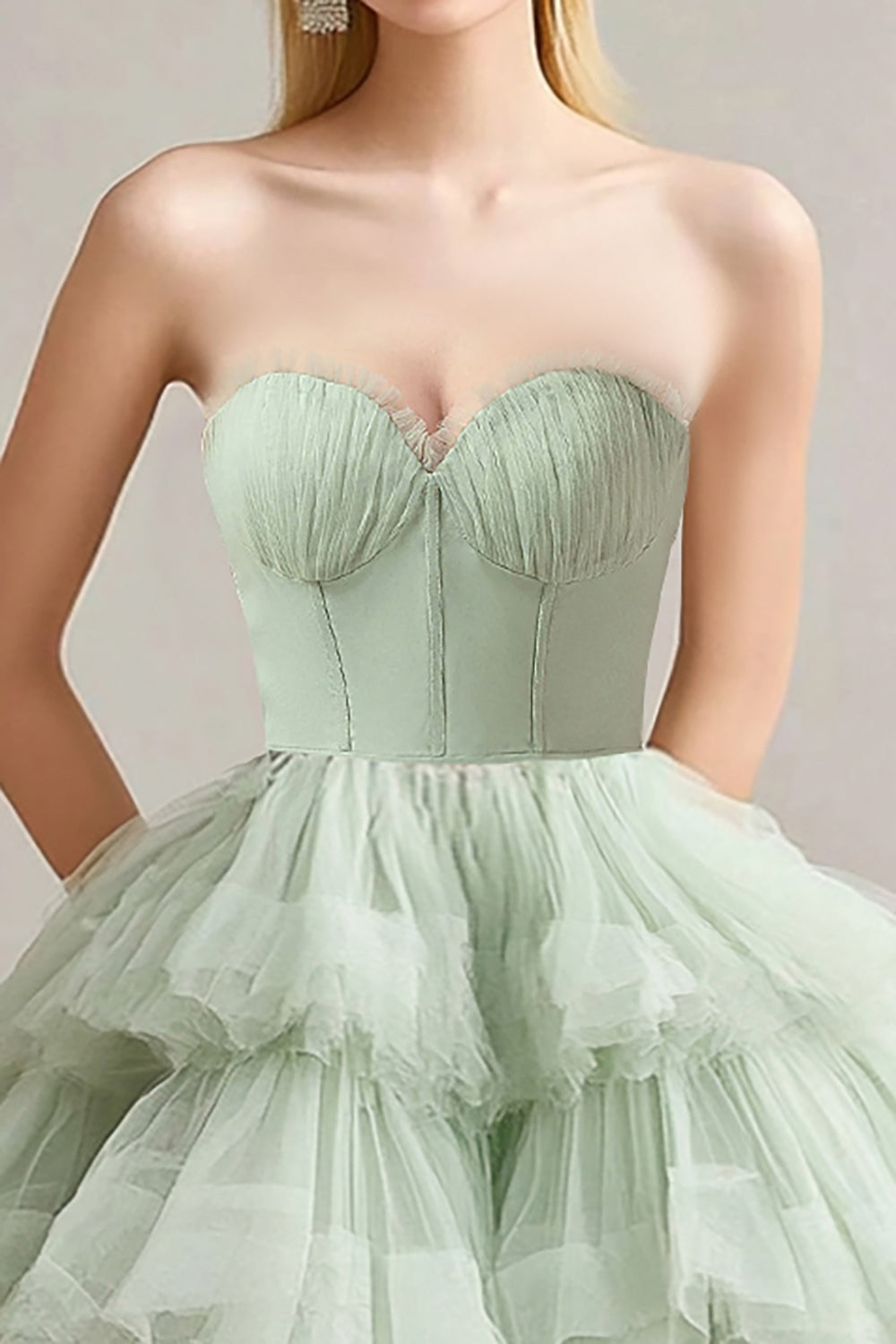 Sage Green Sweetheart Tulle Tiered Tea Length Long Formal Dress