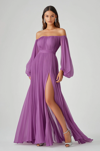 Purple A Line Long Sleeves Chiffon Long Formal Dress with Slit
