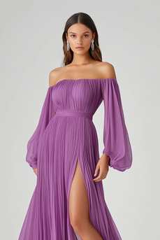 Purple A Line Long Sleeves Chiffon Long Formal Dress with Slit