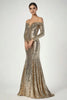 Load image into Gallery viewer, Golden Sequin Off the Shoulder Mermaid Long Formal Dress with Sleeves