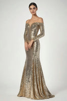 Load image into Gallery viewer, Golden Sequin Off the Shoulder Mermaid Long Formal Dress with Sleeves