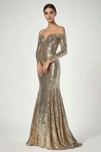 Golden Sequin Off the Shoulder Mermaid Long Formal Dress with Sleeves