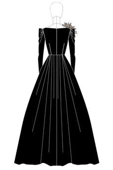 Black Satin Ball Gown Long Formal Dress with Long Sleeves