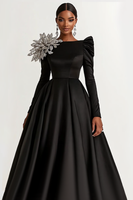 Load image into Gallery viewer, Black Satin Ball Gown Long Formal Dress with Long Sleeves