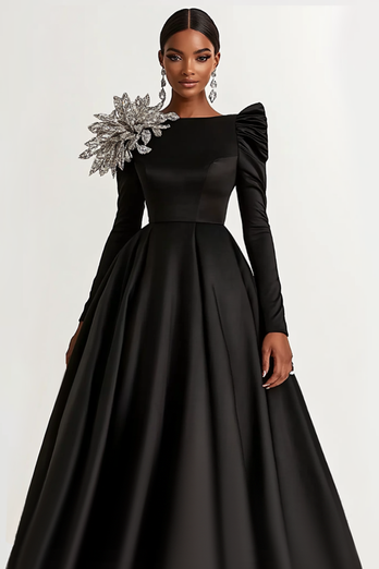 Black Satin Ball Gown Long Formal Dress with Long Sleeves