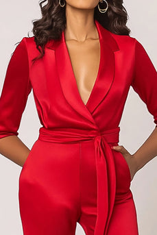 Red V-Neck Satin Half Sleeves Formal Jumpsuit
