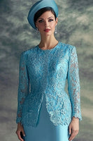 Load image into Gallery viewer, Floral Blue Midi Mother of the Bride Dress with Lace