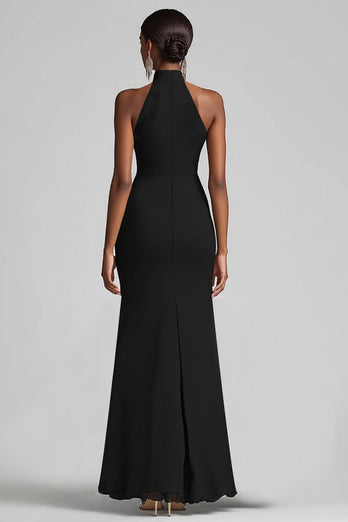 Black High Neck Sheath Long Formal Dress with Ruffles