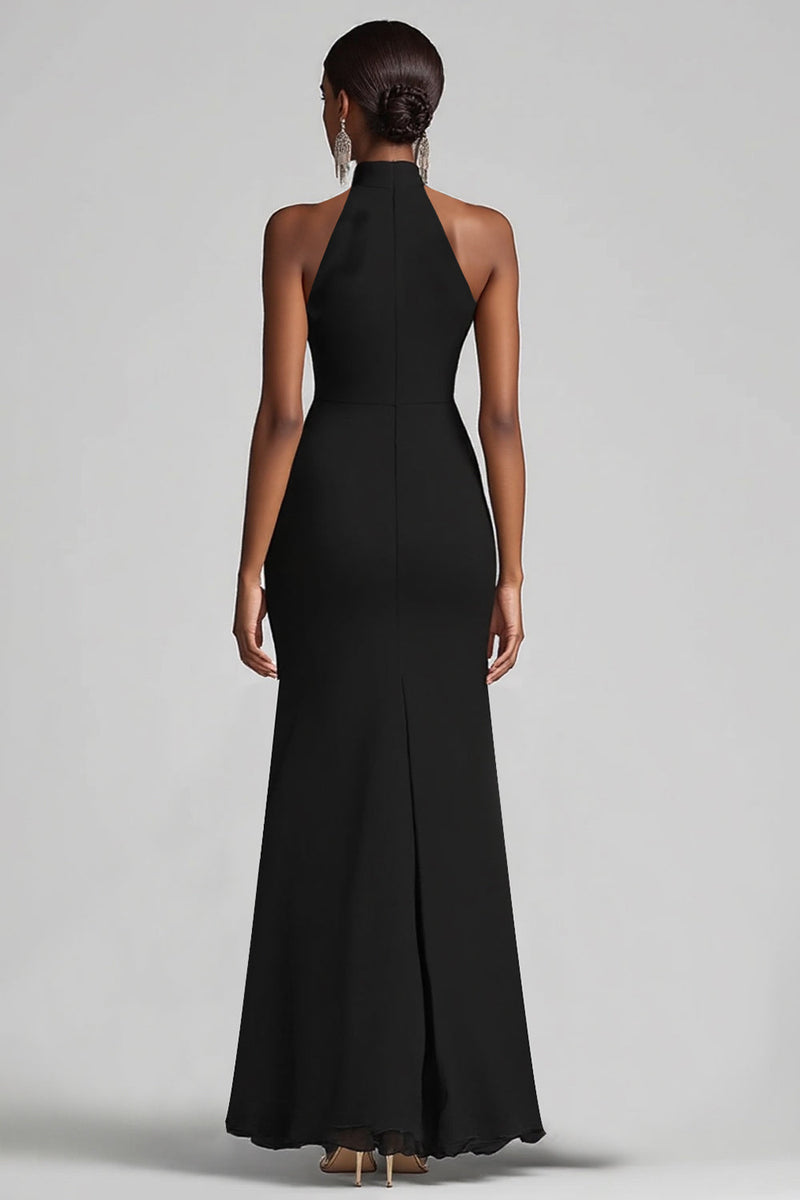 Load image into Gallery viewer, Black High Neck Sheath Long Formal Dress with Ruffles