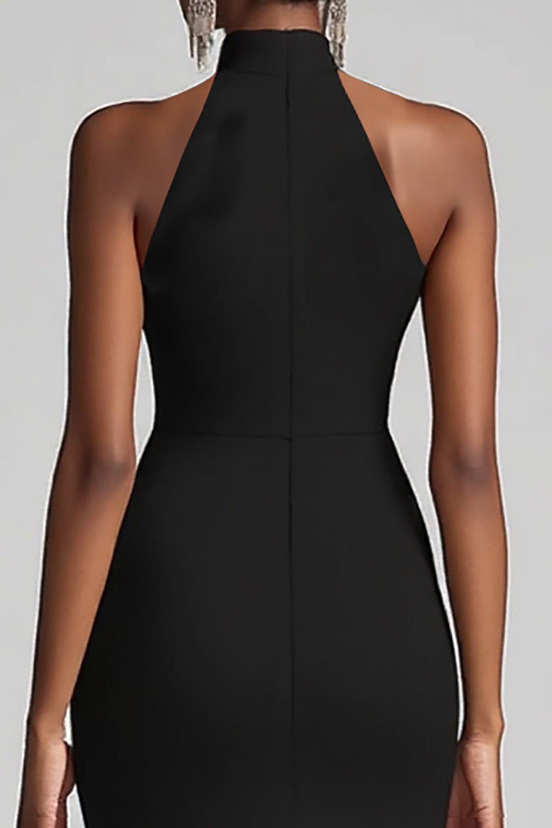 Load image into Gallery viewer, Black High Neck Sheath Long Formal Dress with Ruffles