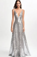 Load image into Gallery viewer, Sparkly Silver Sequin A Line Spaghetti Straps Long Formal Dress
