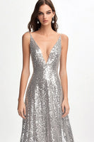 Load image into Gallery viewer, Sparkly Silver Sequin A Line Spaghetti Straps Long Formal Dress