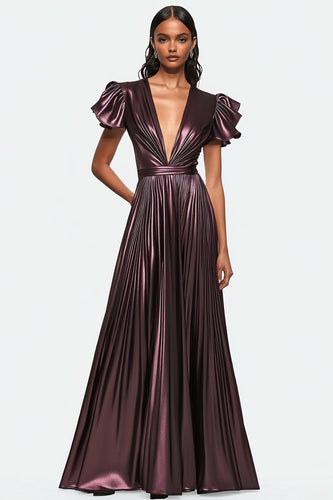 Dusty Purple Metallic Pleated A-Line Long Formal Dress