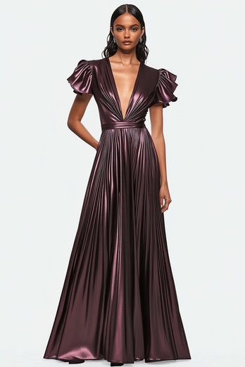 Dusty Purple Metallic Pleated A-Line Long Formal Dress