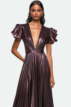 Dusty Purple Metallic Pleated A-Line Long Formal Dress