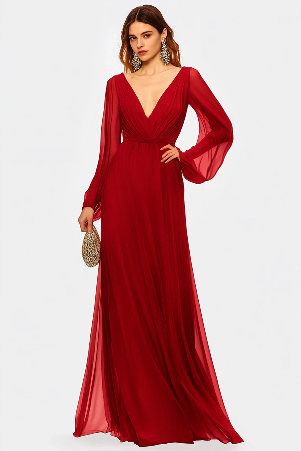 Red V-Neck Chiffon A Line Long Formal Dress with Long Sleeves