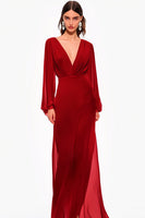 Load image into Gallery viewer, Red V-Neck Chiffon A Line Long Formal Dress with Long Sleeves