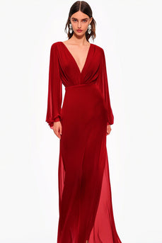 Red V-Neck Chiffon A Line Long Formal Dress with Long Sleeves