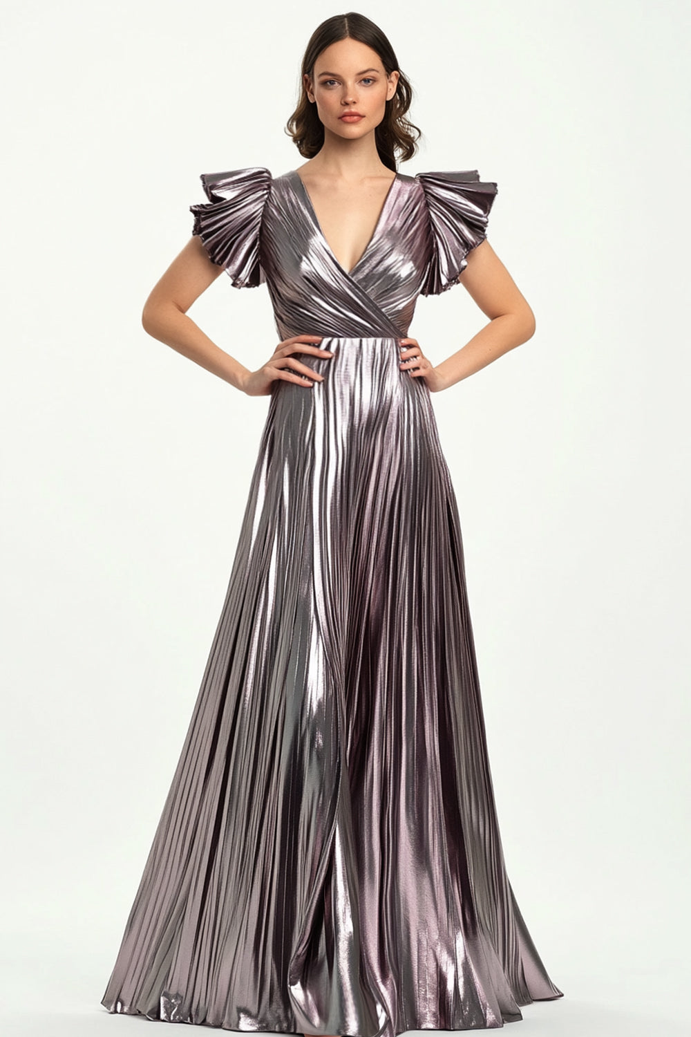 Taro Purple Metallic Pleated A Line V-Neck Long Formal Dress