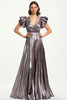 Load image into Gallery viewer, Taro Purple Metallic Pleated A Line V-Neck Long Formal Dress